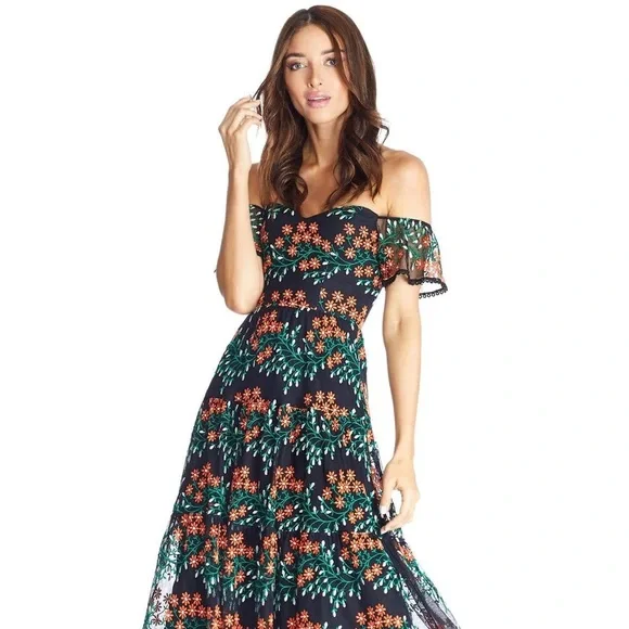 green emerald velvet dress Dress the Population Women's Audrey Spaghetti Strap Midi A-line 3D Floral  Dress, Begonia, XXS at Amazon Women's Clothing store main image 0